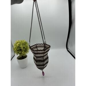 Vintage Beaded Wire Wrapped Hanging Planter Vase Holder Chain Amethyst Drop Boho